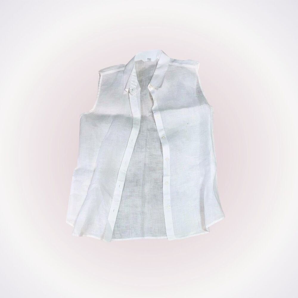 Uniqlo 100% linen white collared sleeveless button front shirt | Sz S
